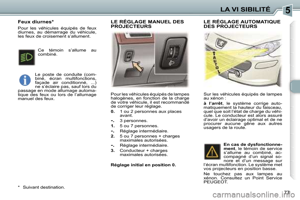 Peugeot 307 SW 2006  Manuel du propriétaire (in French) �5�L�A� �V�I� �S�I�B�I�L�I�T�É
�7�7
�P�o�u�r� �l�e�s� �v�é�h�i�c�u�l�e�s� �é�q�u�i�p�é�s� �d�e� �l�a�m�p�e�s�  
�h�a�l�o�g�è�n�e�s�,�  �e�n�  �f�o�n�c�t�i�o�n�  �d�e�  �l�a�  �c�h�a�r�g�e� 
�d�e�