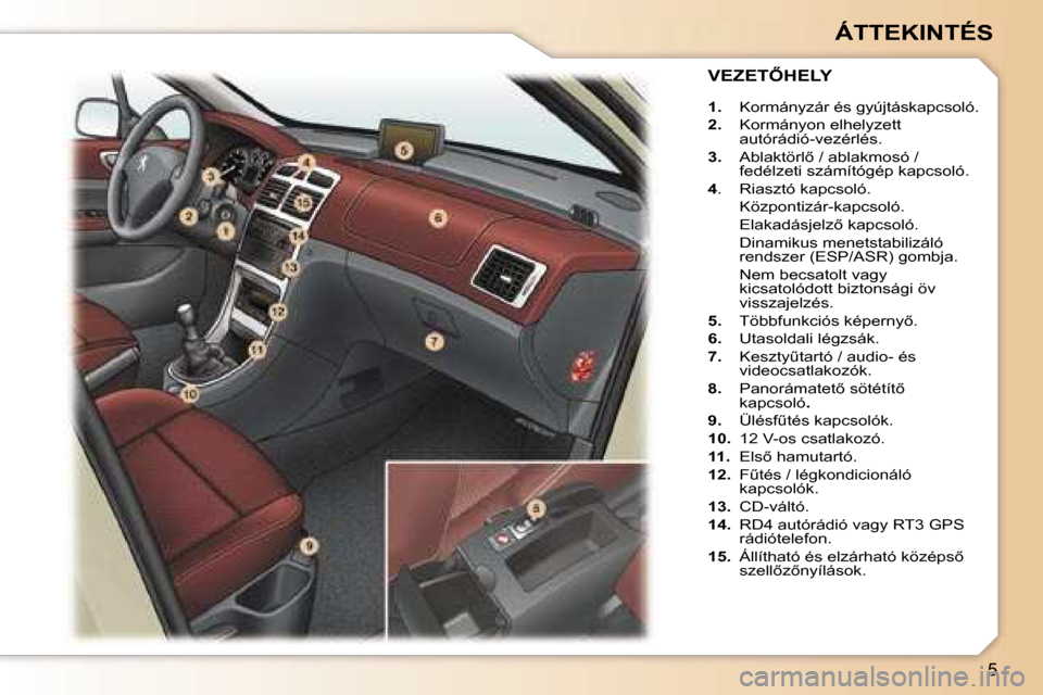 Peugeot 307 SW 2006  Kezelési útmutató (in Hungarian) �5
�Á�T�T�E�K�I�N�T�É�S
�1�.�  �K�o�r�m�á�n�y�z�á�r� �é�s� �g�y�ú�j�t�á�s�k�a�p�c�s�o�l�ó�.� 
�2�. �  �K�o�r�m�á�n�y�o�n� �e�l�h�e�l�y�z�e�t�t� 
�a�u�t�ó�r�á�d�i�ó�-�v�e�z�é�r�l�é�s�.
�3