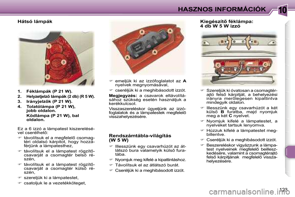 Peugeot 307 SW 2006  Kezelési útmutató (in Hungarian) �1�0�H�A�S�Z�N�O�S� �I�N�F�O�R�M�Á�C�I�Ó�K
�1�2�3
�1�.�  �F�é�k�l�á�m�p�á�k� �(�P� �2�1� �W�)�. 
�2�.� 
�H�e�l�y�z�e�t�j�e�l�z5� �l�á�m�p�á�k� �(�2� �d�b�)� �(�R� �5� �W�)�.
�3�.�  �I�r�á�n�y