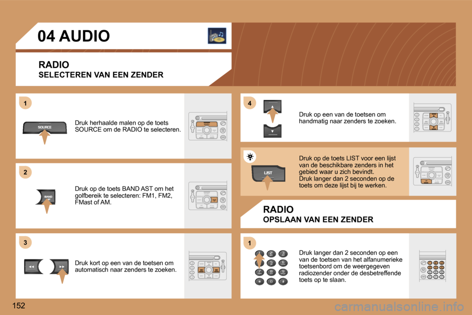 Peugeot 307 SW 2006  Handleiding (in Dutch) �1 
�2 
�3�4 
�1
�1�5�2�0�4� �A�U�D�I�O
�R�A�D�I�O 
�S�E�L�E�C�T�E�R�E�N� �V�A�N� �E�E�N� �Z�E�N�D�E�R
�R�A�D�I�O
�O�P�S�L�A�A�N� �V�A�N� �E�E�N� �Z�E�N�D�E�R� 
�D�r�u�k� �h�e�r�h�a�a�l�d�e� �m�a�l�e�