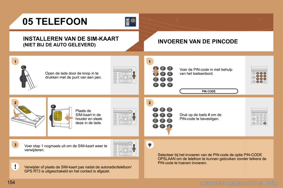 Peugeot 307 SW 2006  Handleiding (in Dutch) �1 
�2 
�3�1 
�2
�1�5�4�0�5� �T�E�L�E�F�O�O�N
�I�N�S�T�A�L�L�E�R�E�N� �V�A�N� �D�E� �S�I�M�-�K�A�A�R�T 
�(�N�I�E�T� �B�I�J� �D�E� �A�U�T�O� �G�E�L�E�V�E�R�D�) �I�N�V�O�E�R�E�N� �V�A�N� �D�E� �P�I�N�C�