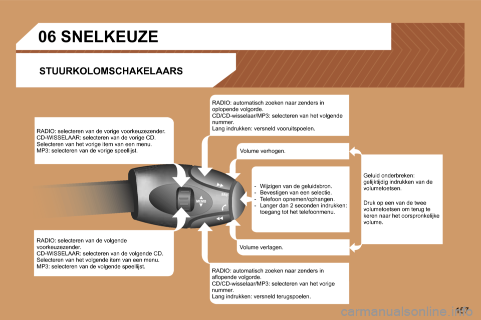 Peugeot 307 SW 2006  Handleiding (in Dutch) �1�5�7
�R�A�D�I�O�:� �s�e�l�e�c�t�e�r�e�n� �v�a�n� �d�e� �v�o�r�i�g�e� �v�o�o�r�k�e�u�z�e�z�e�n�d�e�r�. 
�C�D�-�W�I�S�S�E�L�A�A�R�:� �s�e�l�e�c�t�e�r�e�n� �v�a�n� �d�e� �v�o�r�i�g�e� �C�D�.
�S�e�l�e�c