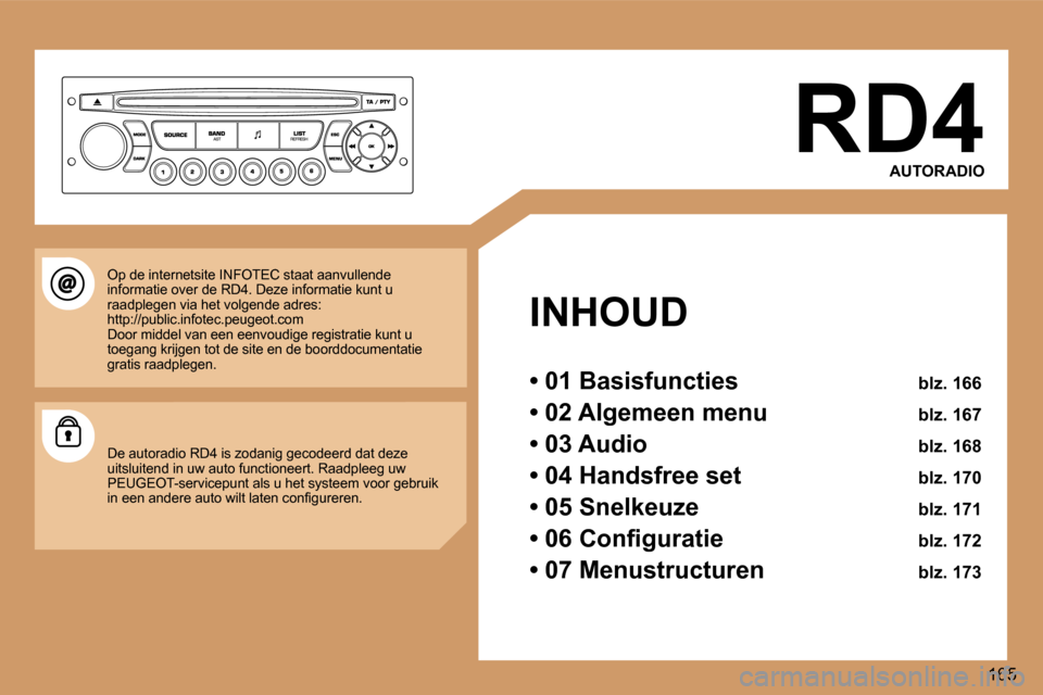 Peugeot 307 SW 2006  Handleiding (in Dutch) � 
�1�6�5
�R�D�4
�A�U�T�O�R�A�D�I�O
�I�N�H�O�U�D 
�•� �0�1� �B�a�s�i�s�f�u�n�c�t�i�e�s�  �b�l�z�.� �1�6�6
�•� �0�2� �A�l�g�e�m�e�e�n� �m�e�n�u�  �b�l�z�.� �1�6�7
�•� �0�3� �A�u�d�i�o�  �b�l�z�.�