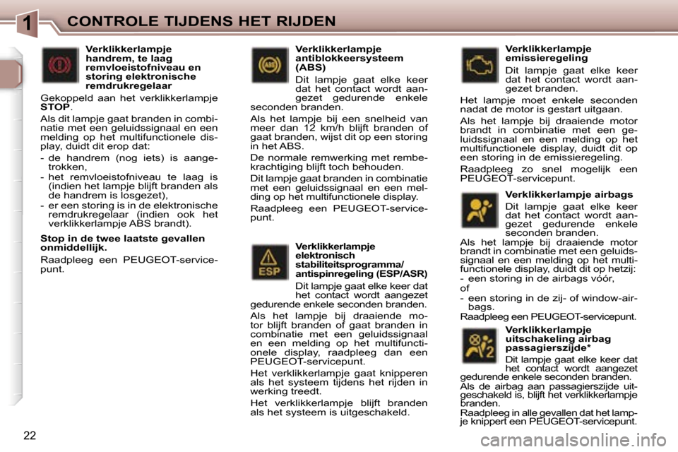 Peugeot 307 SW 2006  Handleiding (in Dutch) �1�C�O�N�T�R�O�L�E� �T�I�J�D�E�N�S� �H�E�T� �R�I�J�D�E�N
�2�2
�V�e�r�k�l�i�k�k�e�r�l�a�m�p�j�e�  
�e�l�e�k�t�r�o�n�i�s�c�h� 
�s�t�a�b�i�l�i�t�e�i�t�s�p�r�o�g�r�a�m�m�a�/
�a�n�t�i�s�p�i�n�r�e�g�e�l�i�n