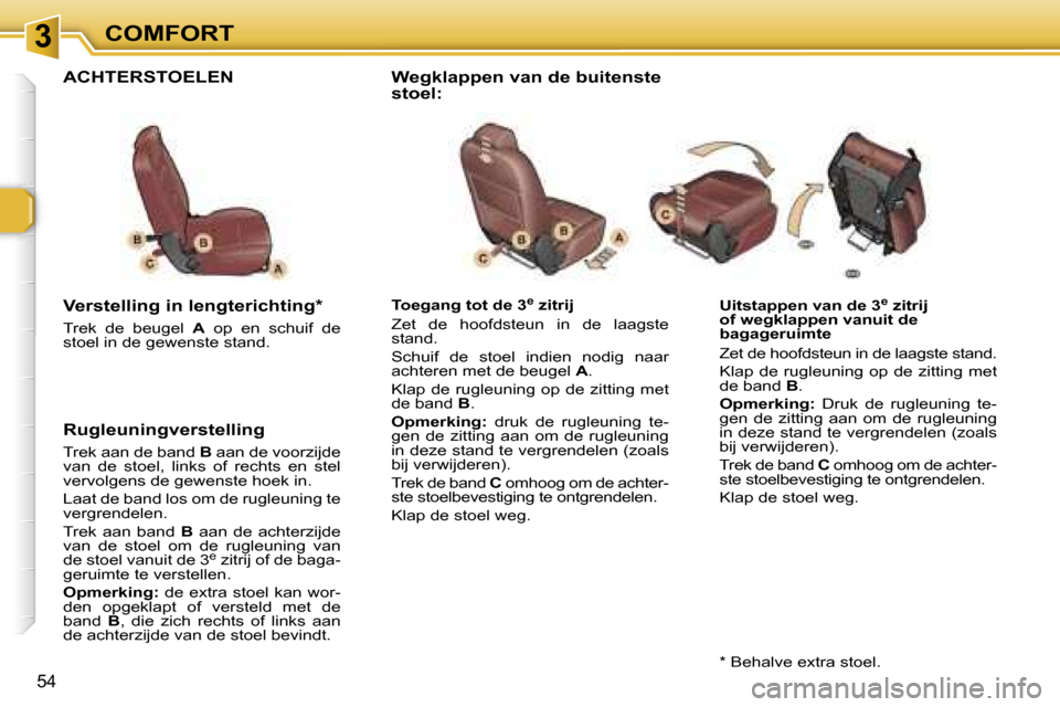 Peugeot 307 SW 2006  Handleiding (in Dutch) �3�C�O�M�F�O�R�T
�5�4
�U�i�t�s�t�a�p�p�e�n� �v�a�n� �d�e� �3�e� �z�i�t�r�i�j� 
�o�f� �w�e�g�k�l�a�p�p�e�n� �v�a�n�u�i�t� �d�e�  
�b�a�g�a�g�e�r�u�i�m�t�e 
�Z�e�t� �d�e� �h�o�o�f�d�s�t�e�u�n� �i�n� �d�