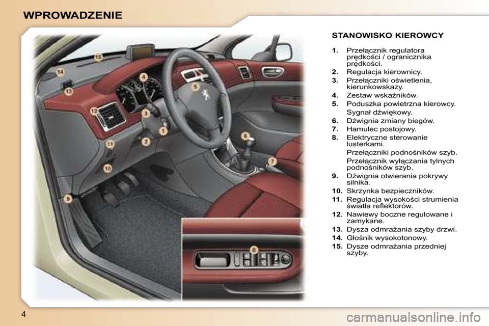 Peugeot 307 SW 2006  Instrukcja Obsługi (in Polish) �4
�W�P�R�O�W�A�D�Z�E�N�I�E
�1�.� �P�r�z�e�ł"�c�z�n�i�k� �r�e�g�u�l�a�t�o�r�a�  
�p�r
�d�k�o;�c�i� �/� �o�g�r�a�n�i�c�z�n�i�k�a� 
�p�r
�d�k�o;�c�i�.
�2�.�  �R�e�g�u�l�a�c�j�a� �k�i�e�r�o�w�n�i�c