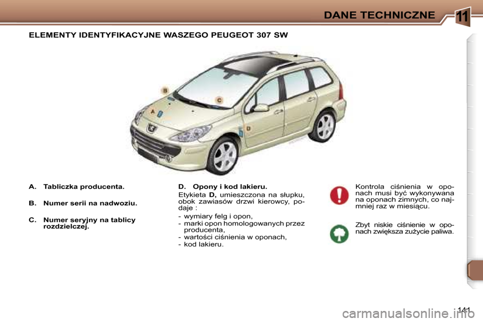 Peugeot 307 SW 2006  Instrukcja Obsługi (in Polish) �1�1�D�A�N�E� �T�E�C�H�N�I�C�Z�N�E
�1�4�1
�A�.�  �T�a�b�l�i�c�z�k�a� �p�r�o�d�u�c�e�n�t�a�. 
�B�.�  �N�u�m�e�r� �s�e�r�i�i� �n�a� �n�a�d�w�o�z�i�u�.
�C�.�  �N�u�m�e�r� �s�e�r�y�j�n�y� �n�a� �t�a�b�l�i