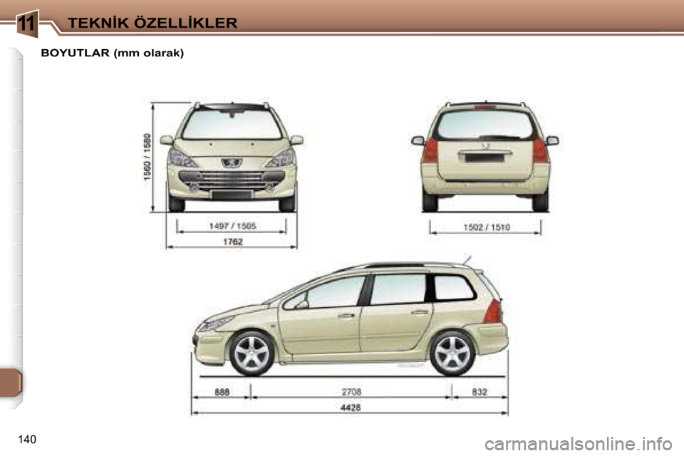 Peugeot 307 SW 2006  Kullanım Kılavuzu (in Turkish) �1�1
�1�4�0
�B�O�Y�U�T�L�A�R� �(�m�m� �o�l�a�r�a�k�)
�T�E�K�N�İ�K� �Ö�Z�E�L�L�İ�K�L�E�R   