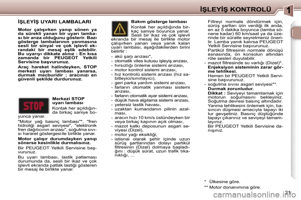Peugeot 307 SW 2006  Kullanım Kılavuzu (in Turkish) �1
�2�1
�İ�Ş�L�E�Y�İ�Ş� �U�Y�A�R�I� �L�A�M�B�A�L�A�R�I
�M�o�t�o�r�  �ç�a�l�ı�ş�ı�r�k�e�n�  �y�a�n�ı�p�  �s�ö�n�e�n�  �y�a�  
�d�a�  �s�ü�r�e�k�l�i�  �y�a�n�a�n�  �b�i�r�  �u�y�a�r�ı�  �l�a