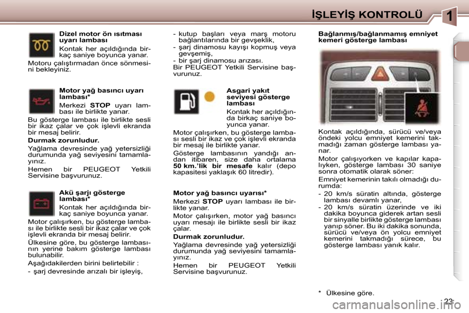Peugeot 307 SW 2006  Kullanım Kılavuzu (in Turkish) �1
�2�3
�A�k�ü� �ş�a�r�j�ı� �g�ö�s�t�e�r�g�e�  
�l�a�m�b�a�s�ı�* 
�K�o�n�t�a�k�  �h�e�r�  �a�ç�ı�l�d�ı�ğ�ı�n�d�a�  �b�i�r�- 
�k�a�ç� �s�a�n�i�y�e� �b�o�y�u�n�c�a� �y�a�n�a�r�.
�M�o�t�o�r� �