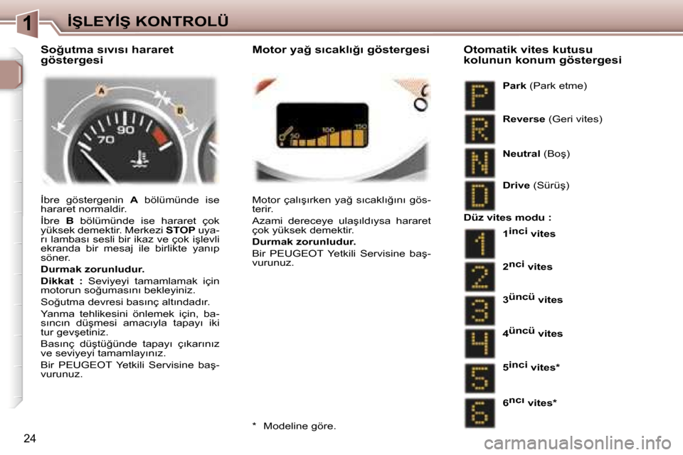Peugeot 307 SW 2006  Kullanım Kılavuzu (in Turkish) �1
�2�4
�İ�b�r�e�  �g�ö�s�t�e�r�g�e�n�i�n� �A�  �b�ö�l�ü�m�ü�n�d�e�  �i�s�e� 
�h�a�r�a�r�e�t� �n�o�r�m�a�l�d�i�r�. 
�İ�b�r�e�  �B�  �b�ö�l�ü�m�ü�n�d�e�  �i�s�e�  �h�a�r�a�r�e�t�  �ç�o�k� 
�y