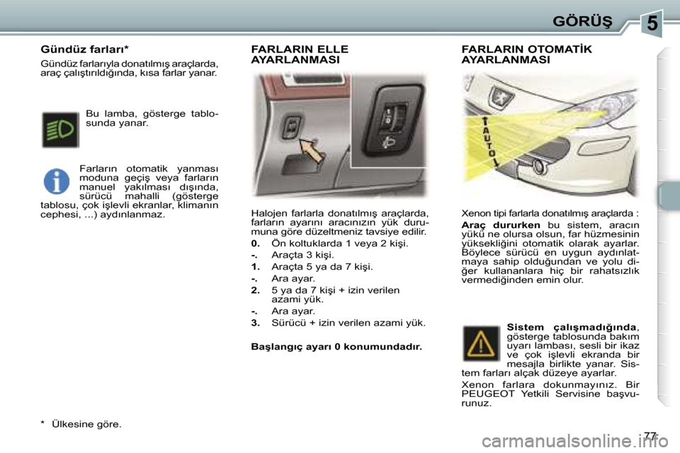 Peugeot 307 SW 2006  Kullanım Kılavuzu (in Turkish) �5
�7�7
�H�a�l�o�j�e�n�  �f�a�r�l�a�r�l�a�  �d�o�n�a�t�ı�l�m�ı�ş�  �a�r�a�ç�l�a�r�d�a�,�  
�f�a�r�l�a�r�ı�n�  �a�y�a�r�ı�n�ı�  �a�r�a�c�ı�n�ı�z�ı�n�  �y�ü�k�  �d�u�r�u�-
�m�u�n�a� �g�ö�r�e