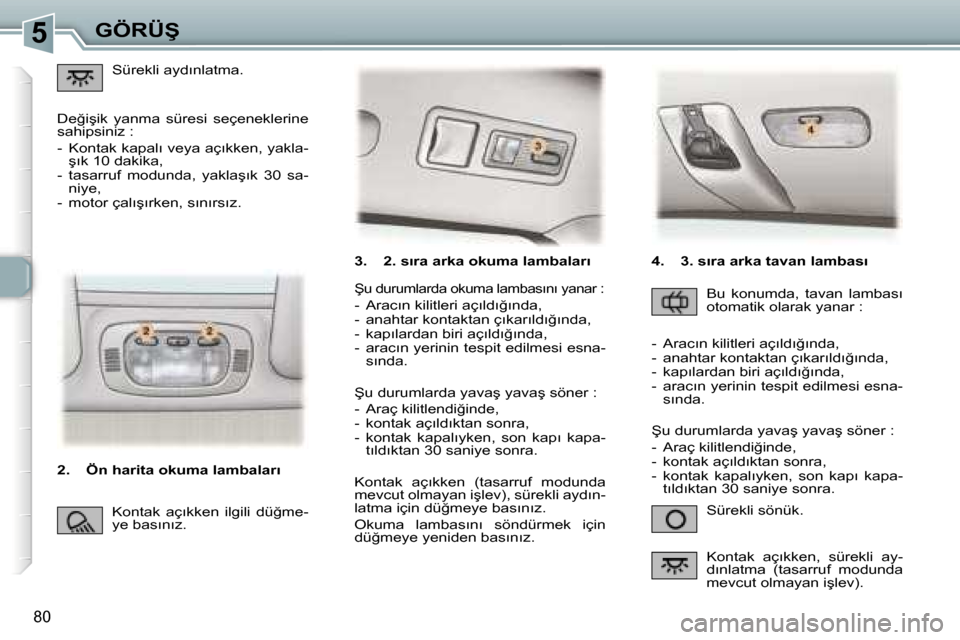 Peugeot 307 SW 2006  Kullanım Kılavuzu (in Turkish) �5
�8�0
�3�.�  �2�.� �s�ı�r�a� �a�r�k�a� �o�k�u�m�a� �l�a�m�b�a�l�a�r�ı�S�ü�r�e�k�l�i� �s�ö�n�ü�k�.
�Ş�u� �d�u�r�u�m�l�a�r�d�a� �o�k�u�m�a� �l�a�m�b�a�s�ı�n�ı� �y�a�n�a�r� �:
�-�  �A�r�a�c�ı�