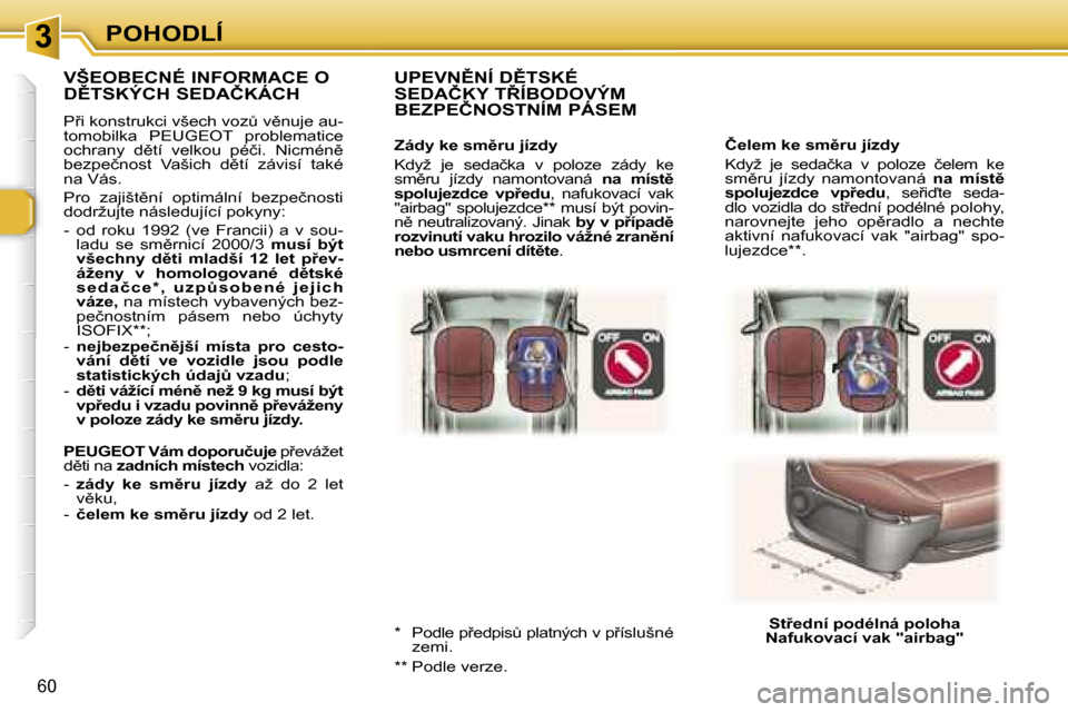 Peugeot 307 SW 2006  Návod k obsluze (in Czech) �3�P�O�H�O�D�L�Í
�6�0
�Č�e�l�e�m� �k�e� �s�m)�r�u� �j�í�z�d�y 
�K�d�y�ž�  �j�e�  �s�e�d�a�č�k�a�  �v�  �p�o�l�o�z�e�  �č�e�l�e�m�  �k�e�  
�s�m)�r�u�  �j�í�z�d�y�  �n�a�m�o�n�t�o�v�a�n�á� �n