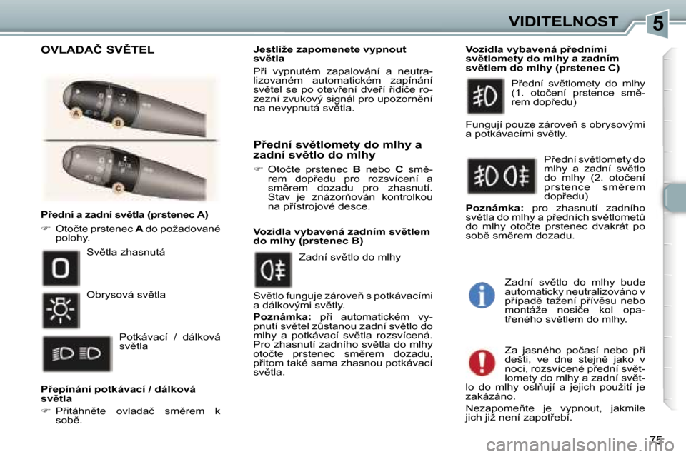 Peugeot 307 SW 2006  Návod k obsluze (in Czech) �5�V�I�D�I�T�E�L�N�O�S�T
�7�5
�P9�e�d�n�í� �a� �z�a�d�n�í� �s�v)�t�l�a� �(�p�r�s�t�e�n�e�c� �A�) 
��  �O�t�o�č�t�e� �p�r�s�t�e�n�e�c�  �A� �d�o� �p�o�ž�a�d�o�v�a�n�é� 
�p�o�l�o�h�y�.
�P9�e�