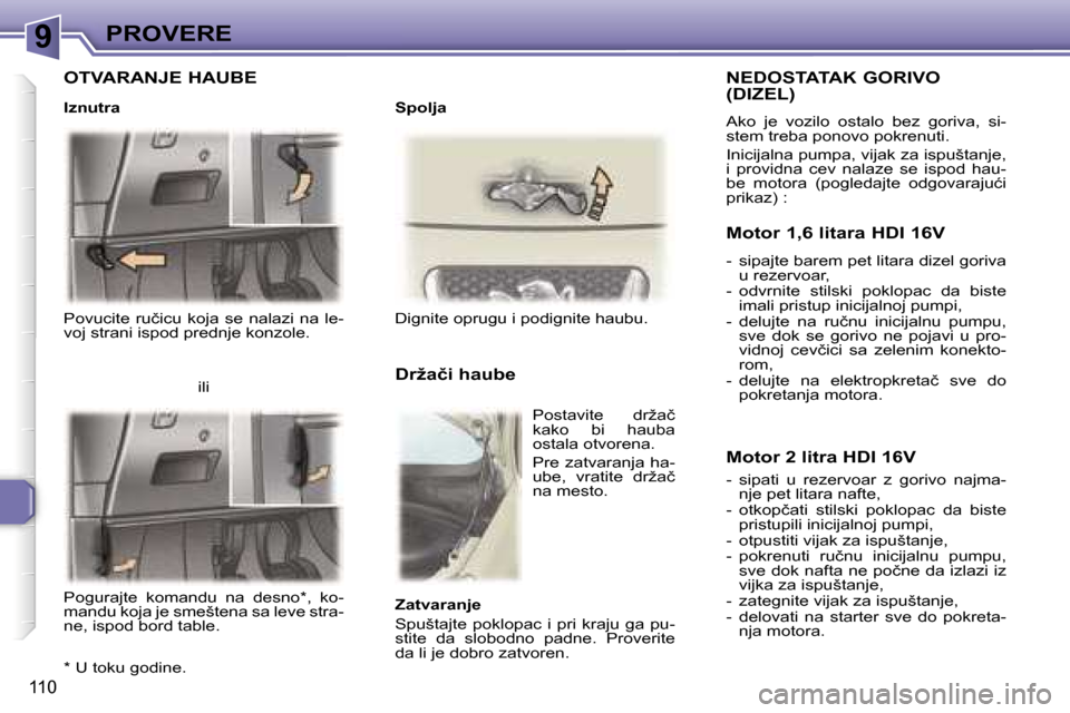 Peugeot 307 SW 2006  Упутство за употребу (in Serbian) �9�P�R�O�V�E�R�E� 
�1�1�0
�P�o�v�u�c�i�t�e�  �r�u�č�i�c�u�  �k�o�j�a�  �s�e�  �n�a�l�a�z�i�  �n�a�  �l�e�- 
�v�o�j� �s�t�r�a�n�i� �i�s�p�o�d� �p�r�e�d�n�j�e� �k�o�n�z�o�l�e�.�D�i�g�n�i�t�e� �o�p�r�u�