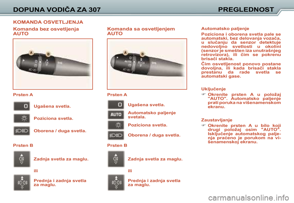 Peugeot 307 SW 2006  Упутство за употребу (in Serbian) �K�O�M�A�N�D�A� �O�S�V�E�T�L�J�E�N�J�A
�D�O�P�U�N�A� �V�O�D�I�Č�A� �Z�A� �3�0�7�P�R�E�G�L�E�D�N�O�S�T
�K�o�m�a�n�d�a� �s�a� �o�s�v�e�t�l�j�e�n�j�e�m�  
�A�U�T�O
�K�o�m�a�n�d�a� �b�e�z� �o�s�v�e�t�l�j