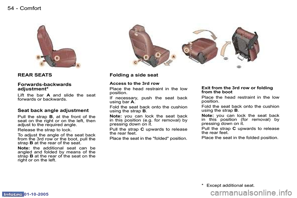 Peugeot 307 SW 2005.5 Workshop Manual �C�o�m�f�o�r�t�5�4 �-
�0�1�-�1�0�-�2�0�0�5
�5�5�C�o�m�f�o�r�t�-
�0�1�-�1�0�-�2�0�0�5
�E�x�i�t� �f�r�o�m� �t�h�e� �3�r�d� �r�o�w� �o�r� �f�o�l�d�i�n�g�  
�f�r�o�m� �t�h�e� �b�o�o�t 
�P�l�a�c�e�  �t�h�e