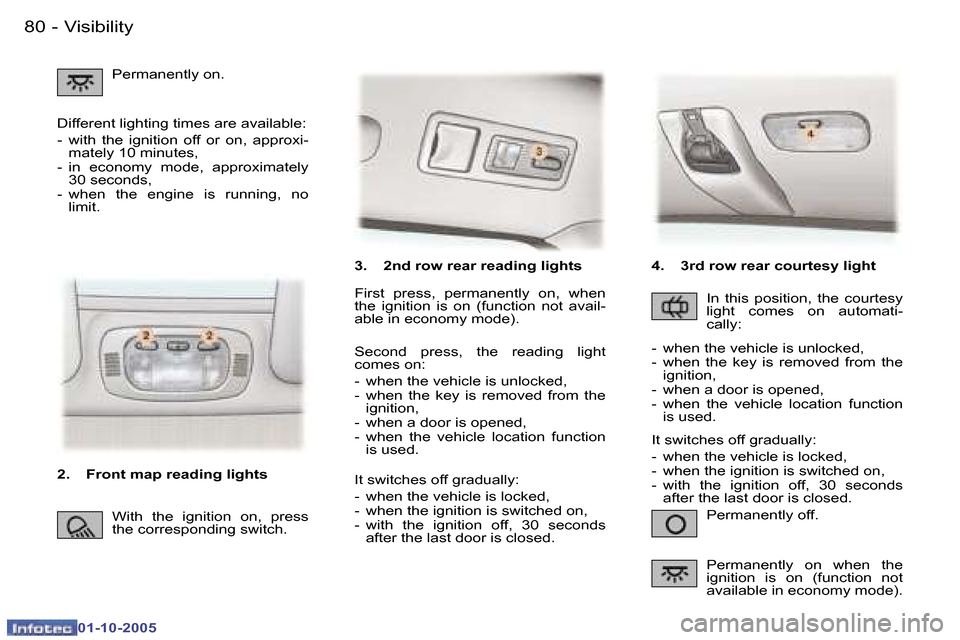 Peugeot 307 SW 2005.5 Manual Online �V�i�s�i�b�i�l�i�t�y�8�0 �-
�0�1�-�1�0�-�2�0�0�5
�3�.�  �2�n�d� �r�o�w� �r�e�a�r� �r�e�a�d�i�n�g� �l�i�g�h�t�s�P�e�r�m�a�n�e�n�t�l�y� �o�f�f�.
�F�i�r�s�t�  �p�r�e�s�s�,�  �p�e�r�m�a�n�e�n�t�l�y�  �o�n