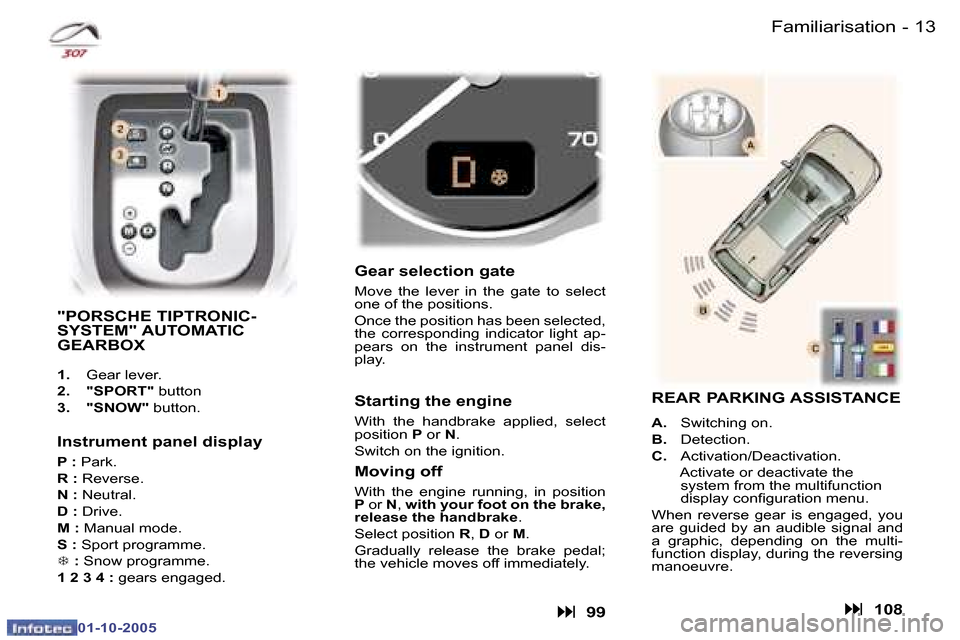 Peugeot 307 SW 2005.5  Owners Manual �F�a�m�i�l�i�a�r�i�s�a�t�i�o�n�1�2 �-
�0�1�-�1�0�-�2�0�0�5
�1�3�F�a�m�i�l�i�a�r�i�s�a�t�i�o�n�-
�0�1�-�1�0�-�2�0�0�5
�"�P�O�R�S�C�H�E� �T�I�P�T�R�O�N�I�C�- 
�S�Y�S�T�E�M�"� �A�U�T�O�M�A�T�I�C� 
�G�E�A