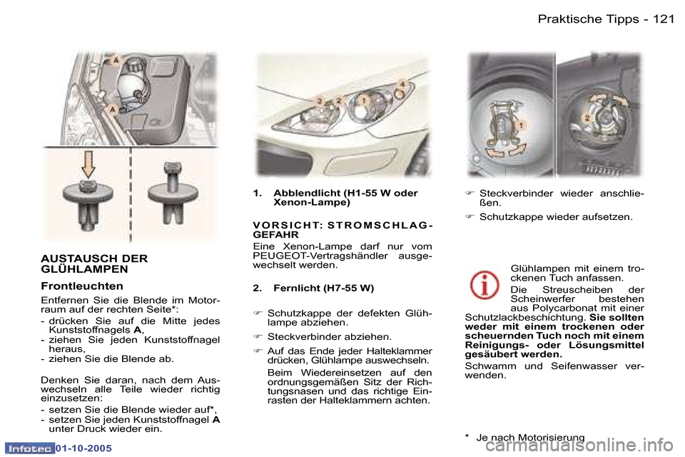 Peugeot 307 SW 2005.5  Betriebsanleitung (in German) �1�2�0 �-
�0�1�-�1�0�-�2�0�0�5
�1�2�1�P�r�a�k�t�i�s�c�h�e� �T�i�p�p�s�-
�0�1�-�1�0�-�2�0�0�5
�1�.�  �A�b�b�l�e�n�d�l�i�c�h�t� �(�H�1�-�5�5� �W� �o�d�e�r� �X�e�n�o�n�-�L�a�m�p�e�)� 
�V �O �R �S �I �C �