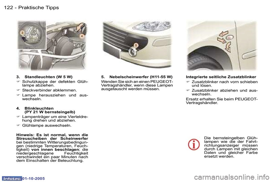 Peugeot 307 SW 2005.5  Betriebsanleitung (in German) �1�2�2 �-
�0�1�-�1�0�-�2�0�0�5
�1�2�3�P�r�a�k�t�i�s�c�h�e� �T�i�p�p�s�-
�0�1�-�1�0�-�2�0�0�5
�3�.�  �S�t�a�n�d�l�e�u�c�h�t�e�n� �(�W� �5� �W�)�  �F� �S�c�h�u�t�z�k�a�p�p�e�  �d�e�r�  �d�e�f�e�k�t�e�n�