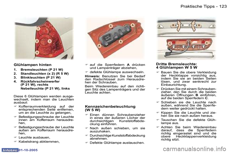 Peugeot 307 SW 2005.5  Betriebsanleitung (in German) �1�2�2 �-
�0�1�-�1�0�-�2�0�0�5
�1�2�3�P�r�a�k�t�i�s�c�h�e� �T�i�p�p�s�-
�0�1�-�1�0�-�2�0�0�5
�G�l�ü�h�l�a�m�p�e�n� �h�i�n�t�e�n
�1�.�  �B�r�e�m�s�l�e�u�c�h�t�e�n� �(�P� �2�1� �W�)�  
�2�.�  �S�t�a�n�