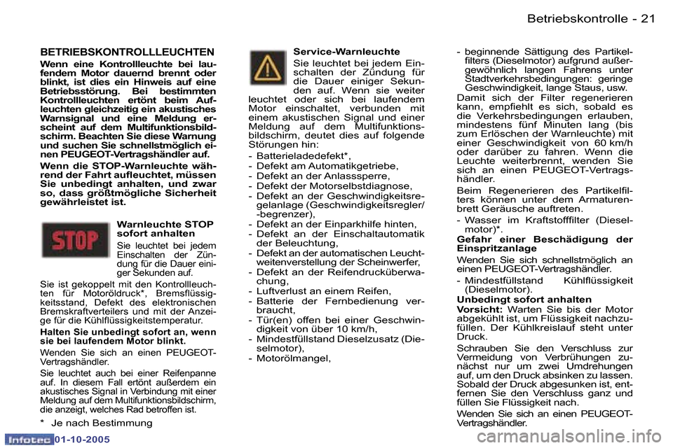 Peugeot 307 SW 2005.5  Betriebsanleitung (in German) �B�e�t�r�i�e�b�s�k�o�n�t�r�o�l�l�e�2�0 �-
�0�1�-�1�0�-�2�0�0�5
�2�1�B�e�t�r�i�e�b�s�k�o�n�t�r�o�l�l�e�-
�0�1�-�1�0�-�2�0�0�5
�B�E�T�R�I�E�B�S�K�O�N�T�R�O�L�L�L�E�U�C�H�T�E�N
�W�e�n�n�  �e�i�n�e�  �K�o