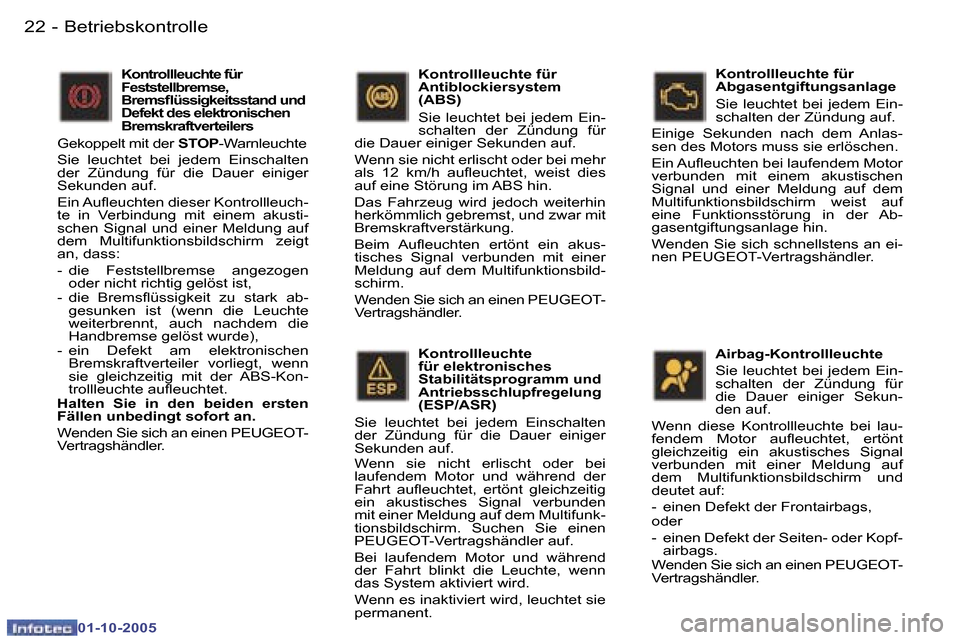 Peugeot 307 SW 2005.5  Betriebsanleitung (in German) �B�e�t�r�i�e�b�s�k�o�n�t�r�o�l�l�e�2�2 �-
�0�1�-�1�0�-�2�0�0�5
�2�3�B�e�t�r�i�e�b�s�k�o�n�t�r�o�l�l�e�-
�0�1�-�1�0�-�2�0�0�5
�K�o�n�t�r�o�l�l�l�e�u�c�h�t�e�  
�f�ü�r� �e�l�e�k�t�r�o�n�i�s�c�h�e�s� 
�