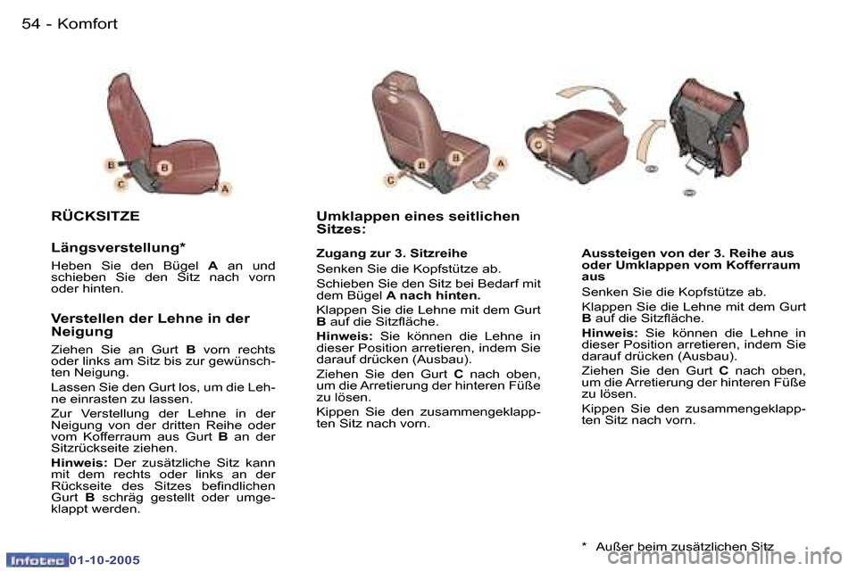 Peugeot 307 SW 2005.5  Betriebsanleitung (in German) �K�o�m�f�o�r�t�5�4 �-
�0�1�-�1�0�-�2�0�0�5
�5�5�K�o�m�f�o�r�t�-
�0�1�-�1�0�-�2�0�0�5
�A�u�s�s�t�e�i�g�e�n� �v�o�n� �d�e�r� �3�.� �R�e�i�h�e� �a�u�s�  
�o�d�e�r� �U�m�k�l�a�p�p�e�n� �v�o�m� �K�o�f�f�e�