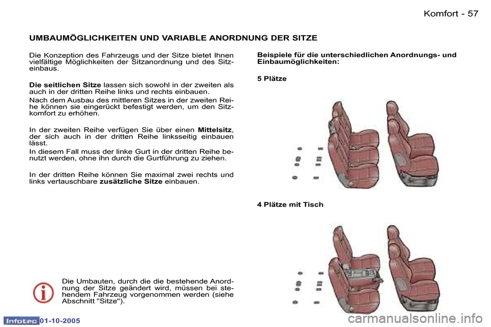 Peugeot 307 SW 2005.5  Betriebsanleitung (in German) �K�o�m�f�o�r�t�5�6 �-
�0�1�-�1�0�-�2�0�0�5
�5�7�K�o�m�f�o�r�t�-
�0�1�-�1�0�-�2�0�0�5
�U�M�B�A�U�M�Ö�G�L�I�C�H�K�E�I�T�E�N� �U�N�D� �V�A�R�I�A�B�L�E� �A�N�O�R�D�N�U�N�G� �D�E�R� �S�I�T�Z�E
�D�i�e�  �K