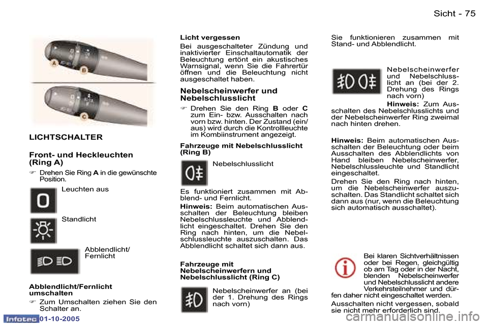 Peugeot 307 SW 2005.5  Betriebsanleitung (in German) �7�5�S�i�c�h�t�-
�0�1�-�1�0�-�2�0�0�5
�L�I�C�H�T�S�C�H�A�L�T�E�R
�F�r�o�n�t�-� �u�n�d� �H�e�c�k�l�e�u�c�h�t�e�n�  
�(�R�i�n�g� �A�)
�F� �D�r�e�h�e�n� �S�i�e� �R�i�n�g� �A� �i�n� �d�i�e� �g�e�w�ü�n�s�