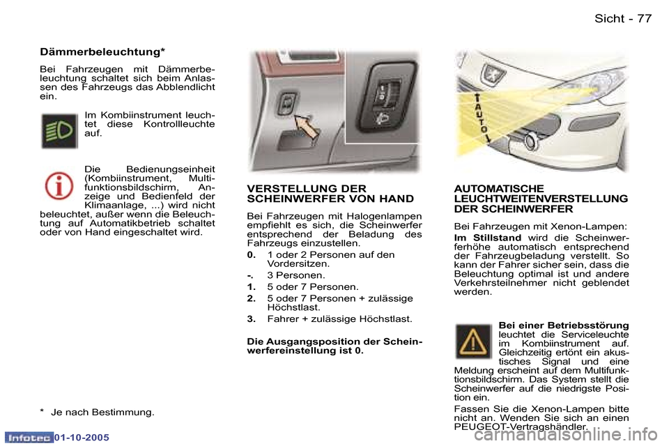 Peugeot 307 SW 2005.5  Betriebsanleitung (in German) �S�i�c�h�t�7�6 �-
�0�1�-�1�0�-�2�0�0�5
�7�7�S�i�c�h�t�-
�0�1�-�1�0�-�2�0�0�5
�V�E�R�S�T�E�L�L�U�N�G� �D�E�R�  
�S�C�H�E�I�N�W�E�R�F�E�R� �V�O�N� �H�A�N�D� 
�B�e�i�  �F�a�h�r�z�e�u�g�e�n�  �m�i�t�  �H�