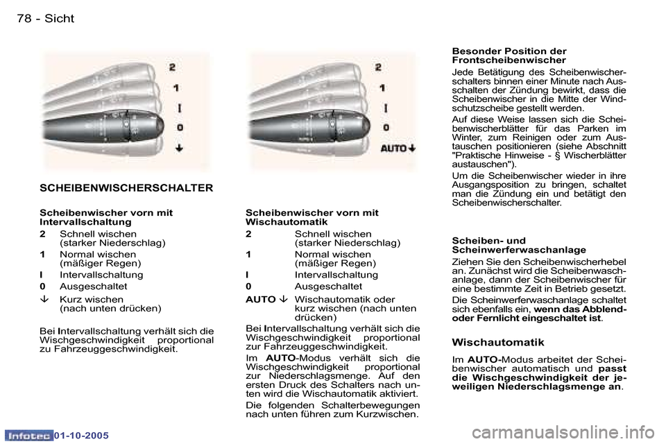 Peugeot 307 SW 2005.5  Betriebsanleitung (in German) �S�i�c�h�t�7�8 �-
�0�1�-�1�0�-�2�0�0�5
�7�9�S�i�c�h�t�-
�0�1�-�1�0�-�2�0�0�5
�B�e�s�o�n�d�e�r� �P�o�s�i�t�i�o�n� �d�e�r�  
�F�r�o�n�t�s�c�h�e�i�b�e�n�w�i�s�c�h�e�r
�J�e�d�e�  �B�e�t�ä�t�i�g�u�n�g�  �