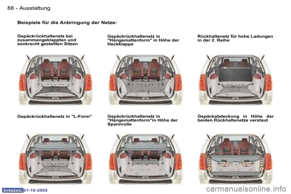 Peugeot 307 SW 2005.5  Betriebsanleitung (in German) �A�u�s�s�t�a�t�t�u�n�g�8�8 �-
�0�1�-�1�0�-�2�0�0�5
�B�e�i�s�p�i�e�l�e� �f�ü�r� �d�i�e� �A�n�b�r�i�n�g�u�n�g� �d�e�r� �N�e�t�z�e�:
�G�e�p�ä�c�k�r�ü�c�k�h�a�l�t�e�n�e�t�z� �b�e�i�  
�z�u�s�a�m�m�e�n�
