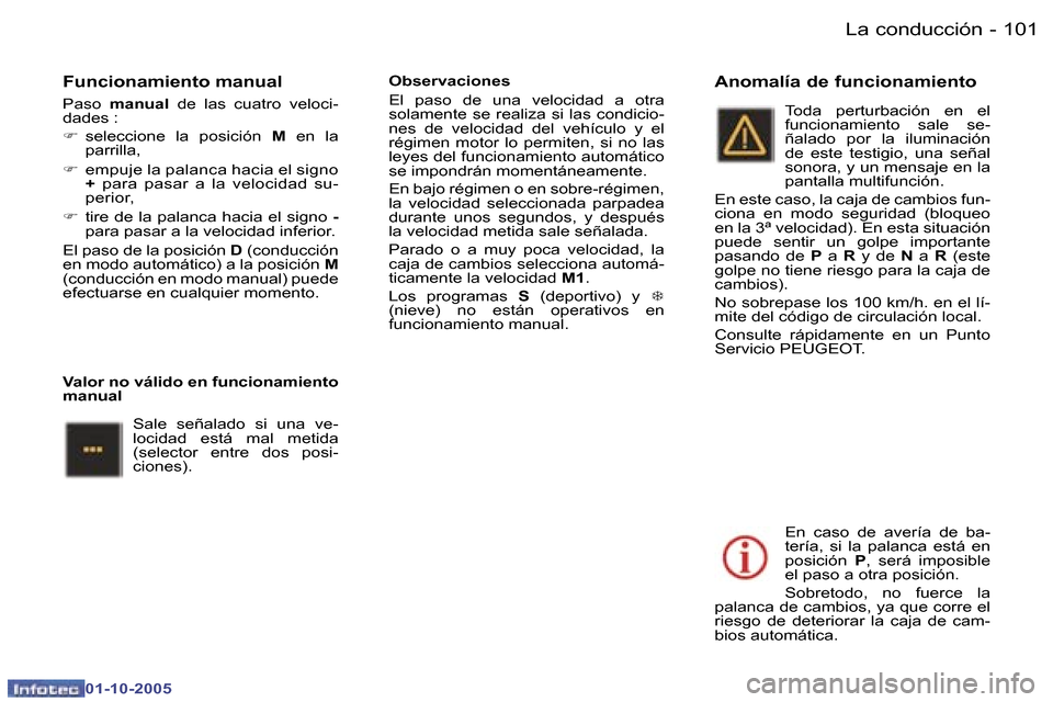 Peugeot 307 SW 2005.5  Manual del propietario (in Spanish) �L�a� �c�o�n�d�u�c�c�i�ó�n�1�0�0 �-
�0�1�-�1�0�-�2�0�0�5
�1�0�1�L�a� �c�o�n�d�u�c�c�i�ó�n�-
�0�1�-�1�0�-�2�0�0�5
�F�u�n�c�i�o�n�a�m�i�e�n�t�o� �m�a�n�u�a�l
�P�a�s�o� �m�a�n�u�a�l�  �d�e�  �l�a�s�  �