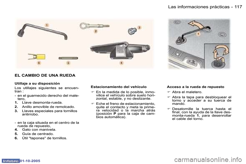 Peugeot 307 SW 2005.5  Manual del propietario (in Spanish) �1�1�7�L�a�s� �i�n�f�o�r�m�a�c�i�o�n�e�s� �p�r�á�c�t�i�c�a�s�-
�0�1�-�1�0�-�2�0�0�5
�E�s�t�a�c�i�o�n�a�m�i�e�n�t�o� �d�e�l� �v�e�h�í�c�u�l�o 
�F�  �E�n� �l�a� �m�e�d�i�d�a� �d�e� �l�o� �p�o�s�i�b�l�