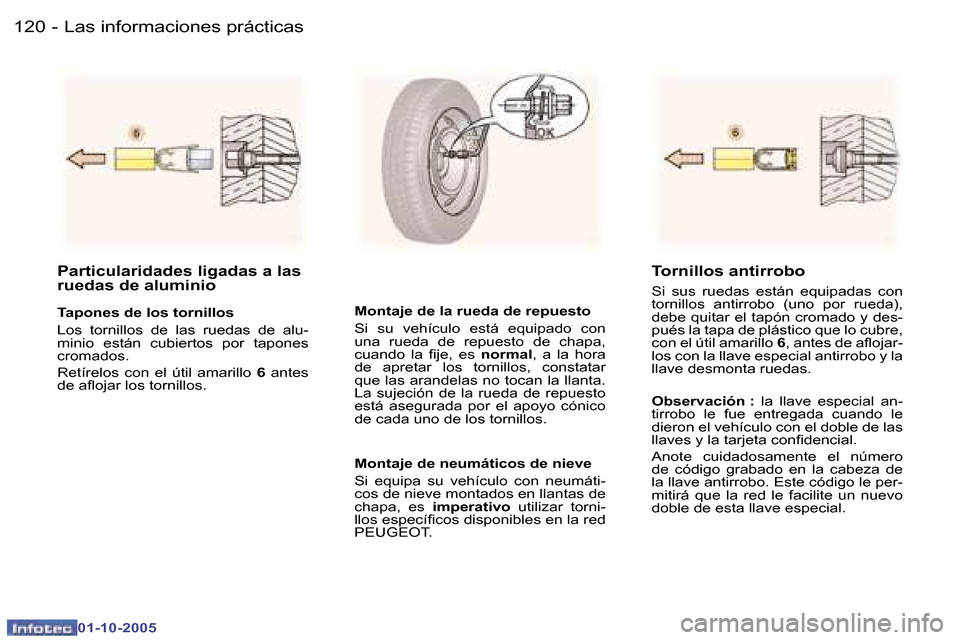 Peugeot 307 SW 2005.5  Manual del propietario (in Spanish) �1�2�0 �-
�0�1�-�1�0�-�2�0�0�5
�1�2�1�L�a�s� �i�n�f�o�r�m�a�c�i�o�n�e�s� �p�r�á�c�t�i�c�a�s�-
�0�1�-�1�0�-�2�0�0�5
�P�a�r�t�i�c�u�l�a�r�i�d�a�d�e�s� �l�i�g�a�d�a�s� �a� �l�a�s�  
�r�u�e�d�a�s� �d�e� 