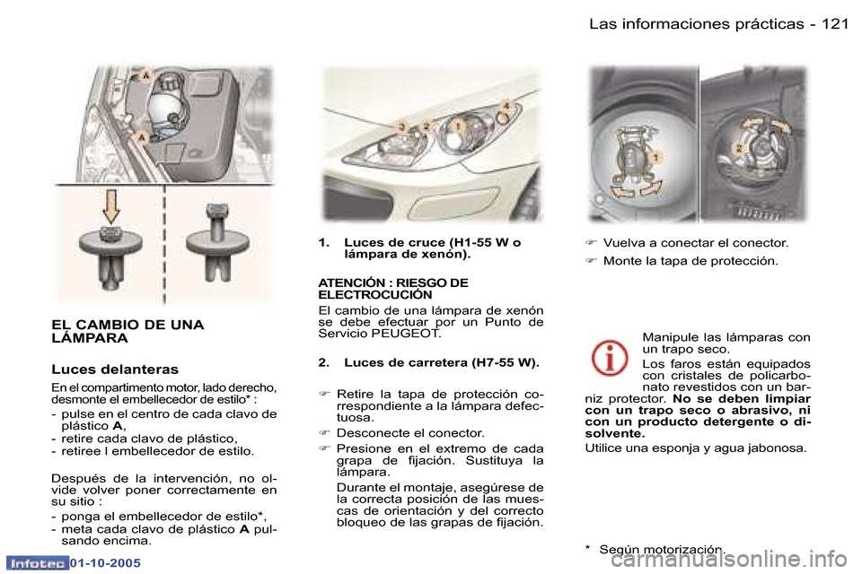 Peugeot 307 SW 2005.5  Manual del propietario (in Spanish) �1�2�0 �-
�0�1�-�1�0�-�2�0�0�5
�1�2�1�L�a�s� �i�n�f�o�r�m�a�c�i�o�n�e�s� �p�r�á�c�t�i�c�a�s�-
�0�1�-�1�0�-�2�0�0�5
�1�.�  �L�u�c�e�s� �d�e� �c�r�u�c�e� �(�H�1�-�5�5� �W� �o� �l�á�m�p�a�r�a� �d�e� �x
