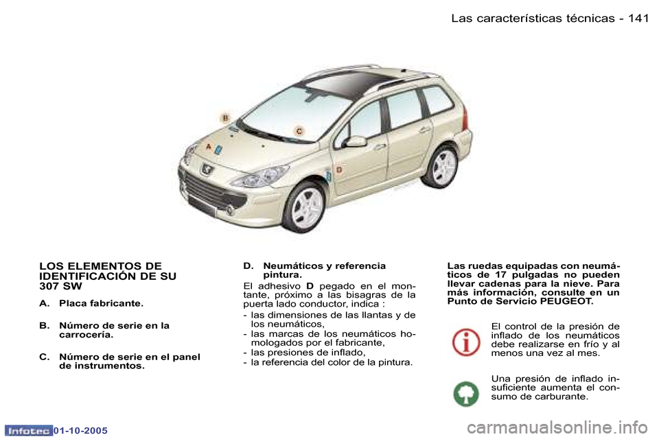 Peugeot 307 SW 2005.5  Manual del propietario (in Spanish) �L�a�s� �c�a�r�a�c�t�e�r�í�s�t�i�c�a�s� �t�é�c�n�i�c�a�s�1�4�0 �-
�0�1�-�1�0�-�2�0�0�5
�1�4�1�L�a�s� �c�a�r�a�c�t�e�r�í�s�t�i�c�a�s� �t�é�c�n�i�c�a�s�-
�0�1�-�1�0�-�2�0�0�5
�L�O�S� �E�L�E�M�E�N�T�