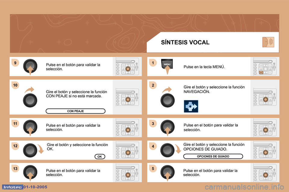 Peugeot 307 SW 2005.5  Manual del propietario (in Spanish) �6
�9
�1�0
�1�1
�1�2 
�1�3 �1 
�2 
�3 
�4
�5
�0�1�-�1�0�-�2�0�0�5�0�1�-�1�0�-�2�0�0�5
�P�u�l�s�e� �e�n� �e�l� �b�o�t�ó�n� �p�a�r�a� �v�a�l�i�d�a�r� �l�a�  
�s�e�l�e�c�c�i�ó�n�. 
�P�u�l�s�e� �e�n� �e