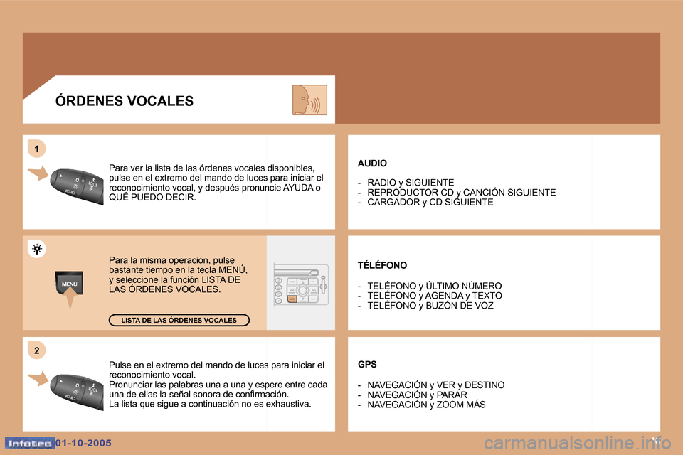 Peugeot 307 SW 2005.5  Manual del propietario (in Spanish) �1�6
�2
�1
�0�1�-�1�0�-�2�0�0�5�0�1�-�1�0�-�2�0�0�5
�P�u�l�s�e� �e�n� �e�l� �e�x�t�r�e�m�o� �d�e�l� �m�a�n�d�o� �d�e� �l�u�c�e�s� �p�a�r�a� �i�n�i�c�i�a�r
� �e�l� 
�r�e�c�o�n�o�c�i�m�i�e�n�t�o� �v�o�c