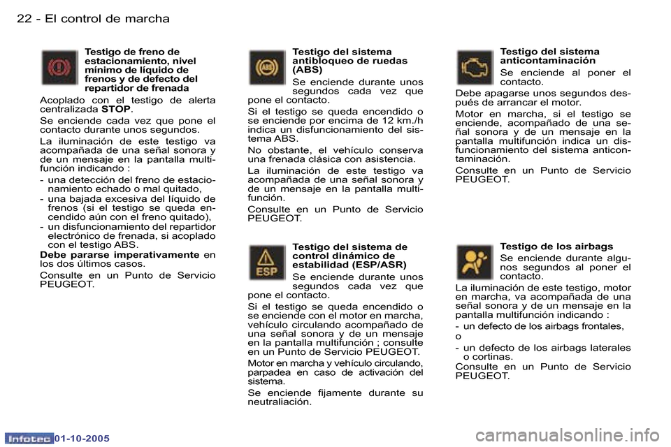 Peugeot 307 SW 2005.5  Manual del propietario (in Spanish) �E�l� �c�o�n�t�r�o�l� �d�e� �m�a�r�c�h�a�2�2 �-
�0�1�-�1�0�-�2�0�0�5
�2�3�E�l� �c�o�n�t�r�o�l� �d�e� �m�a�r�c�h�a�-
�0�1�-�1�0�-�2�0�0�5
�T�e�s�t�i�g�o� �d�e�l� �s�i�s�t�e�m�a� �d�e�  
�c�o�n�t�r�o�l�