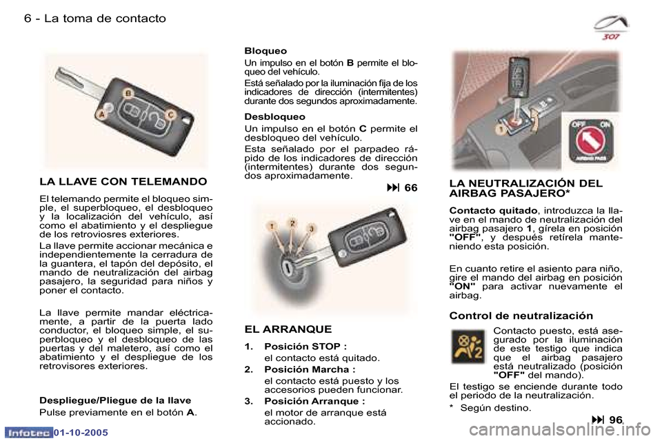 Peugeot 307 SW 2005.5  Manual del propietario (in Spanish) �6 �-
�0�1�-�1�0�-�2�0�0�5
�7�L�a� �t�o�m�a� �d�e� �c�o�n�t�a�c�t�o�-
�0�1�-�1�0�-�2�0�0�5
�L�A� �L�L�A�V�E� �C�O�N� �T�E�L�E�M�A�N�D�O
�E�l� �t�e�l�e�m�a�n�d�o� �p�e�r�m�i�t�e� �e�l� �b�l�o�q�u�e�o� 