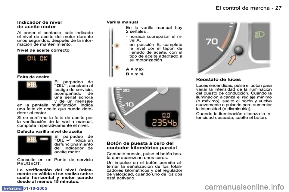 Peugeot 307 SW 2005.5  Manual del propietario (in Spanish) �E�l� �c�o�n�t�r�o�l� �d�e� �m�a�r�c�h�a�2�6 �-
�0�1�-�1�0�-�2�0�0�5
�2�7�E�l� �c�o�n�t�r�o�l� �d�e� �m�a�r�c�h�a�-
�0�1�-�1�0�-�2�0�0�5
�R�e�o�s�t�a�t�o� �d�e� �l�u�c�e�s 
�L�u�c�e�s� �e�n�c�e�n�d�i�