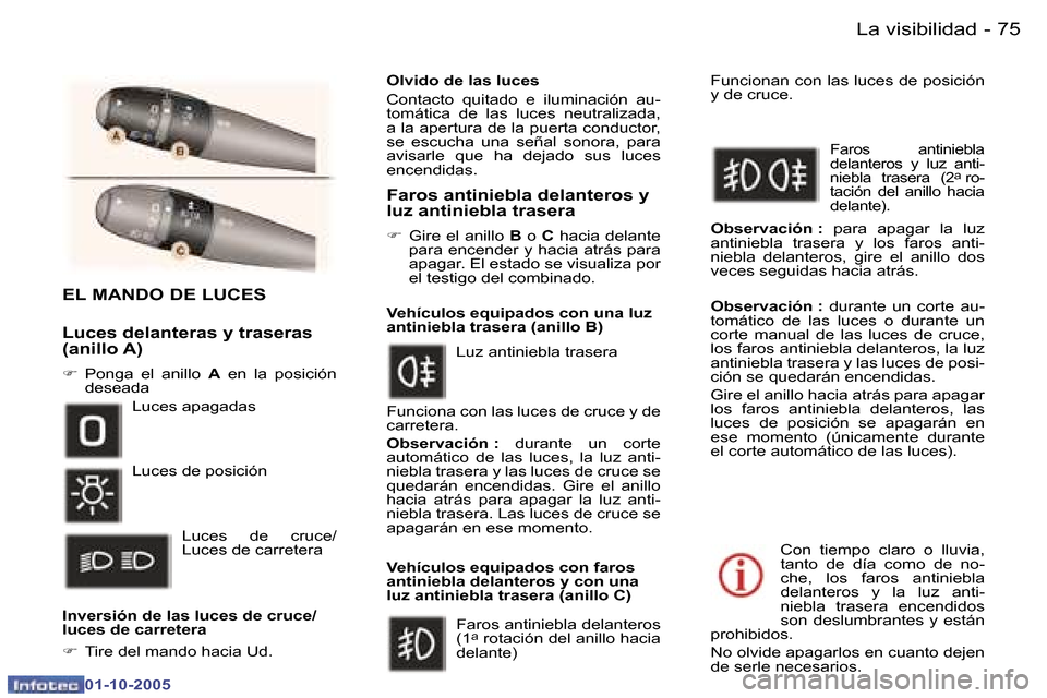 Peugeot 307 SW 2005.5  Manual del propietario (in Spanish) �7�5�L�a� �v�i�s�i�b�i�l�i�d�a�d�-
�0�1�-�1�0�-�2�0�0�5
�E�L� �M�A�N�D�O� �D�E� �L�U�C�E�S� 
�L�u�c�e�s� �d�e�l�a�n�t�e�r�a�s� �y� �t�r�a�s�e�r�a�s�  
�(�a�n�i�l�l�o� �A�)
�F� �P�o�n�g�a�  �e�l�  �a�n