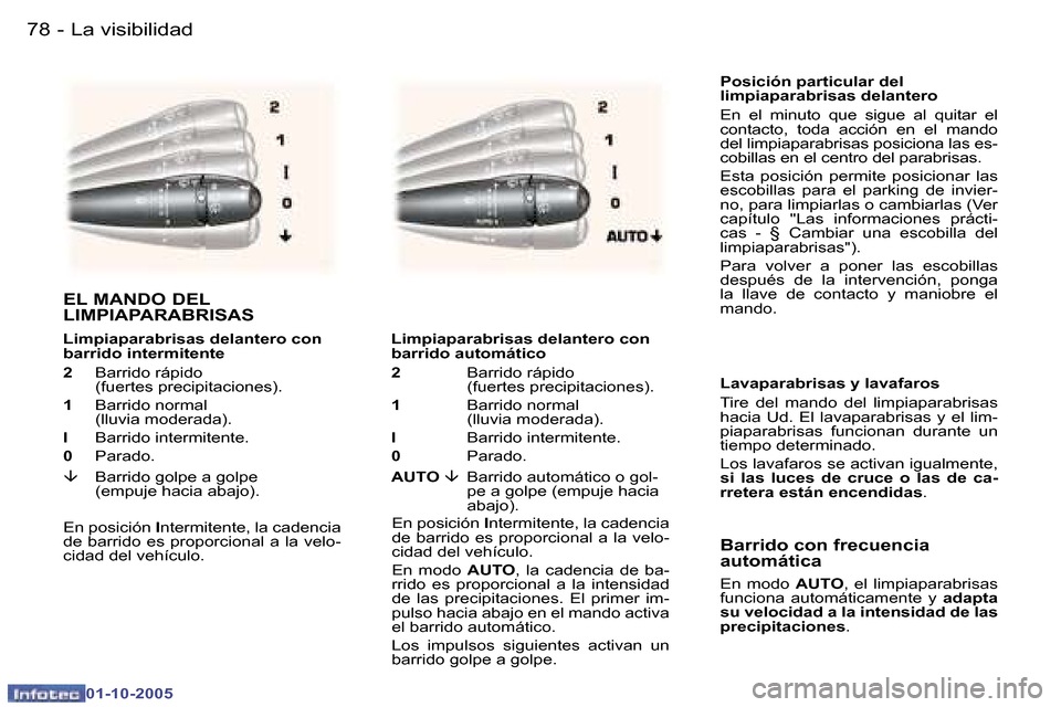 Peugeot 307 SW 2005.5  Manual del propietario (in Spanish) �L�a� �v�i�s�i�b�i�l�i�d�a�d�7�8 �-
�0�1�-�1�0�-�2�0�0�5
�7�9�L�a� �v�i�s�i�b�i�l�i�d�a�d�-
�0�1�-�1�0�-�2�0�0�5
�P�o�s�i�c�i�ó�n� �p�a�r�t�i�c�u�l�a�r� �d�e�l�  
�l�i�m�p�i�a�p�a�r�a�b�r�i�s�a�s� �d