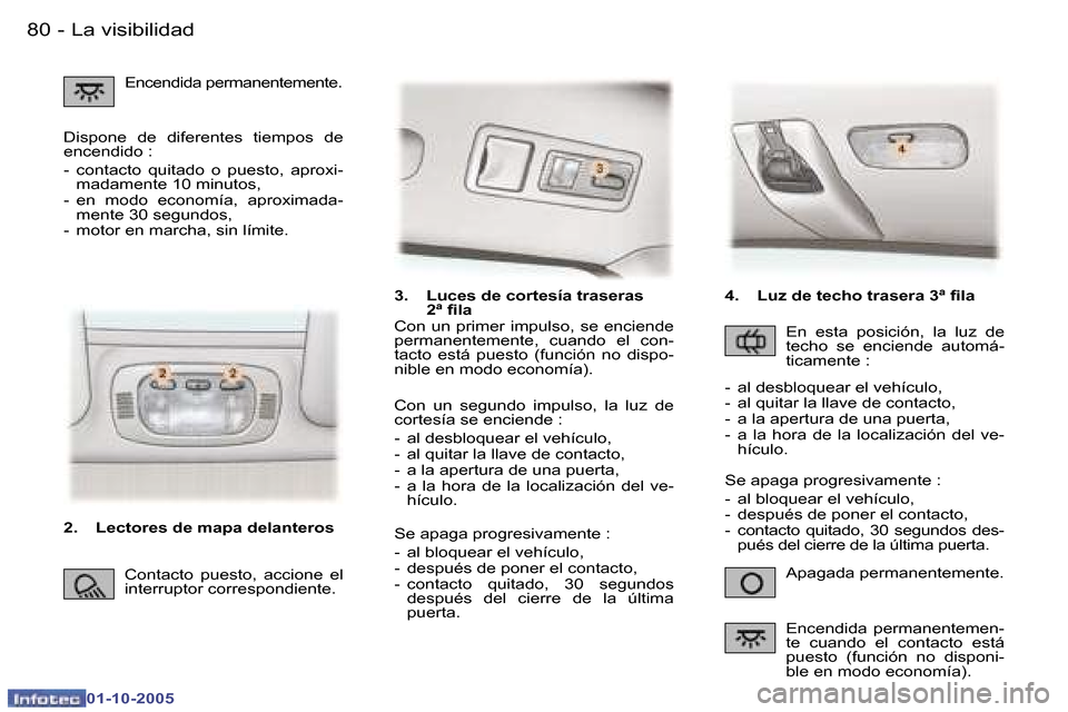 Peugeot 307 SW 2005.5  Manual del propietario (in Spanish) �L�a� �v�i�s�i�b�i�l�i�d�a�d�8�0 �-
�0�1�-�1�0�-�2�0�0�5
�3�.�  �L�u�c�e�s� �d�e� �c�o�r�t�e�s�í�a� �t�r�a�s�e�r�a�s� �2�ª� �i�l�a
�A�p�a�g�a�d�a� �p�e�r�m�a�n�e�n�t�e�m�e�n�t�e�.
�C�o�n� �u�n� �p�r