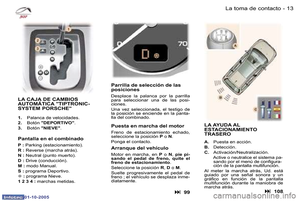 Peugeot 307 SW 2005.5  Manual del propietario (in Spanish) �1�2 �-
�0�1�-�1�0�-�2�0�0�5
�1�3�L�a� �t�o�m�a� �d�e� �c�o�n�t�a�c�t�o�-
�0�1�-�1�0�-�2�0�0�5
�L�A� �C�A�J�A� �D�E� �C�A�M�B�I�O�S�  
�A�U�T�O�M�Á�T�I�C�A� �"�T�I�P�T�R�O�N�I�C�-
�S�Y�S�T�E�M� �P�O�