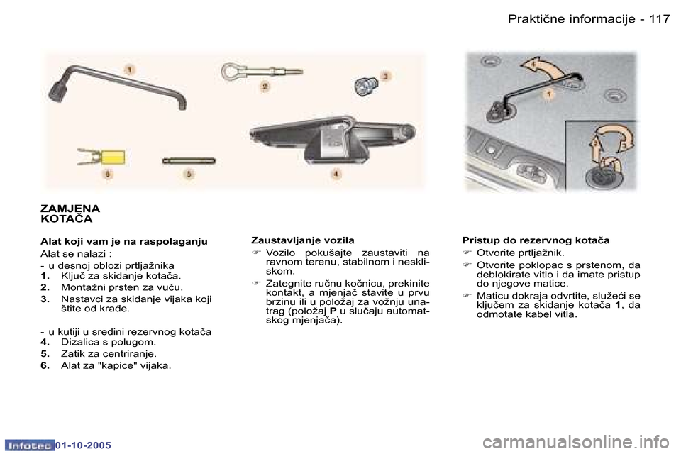Peugeot 307 SW 2005.5  Vodič za korisnike (in Croatian) �1�1�7�P�r�a�k�t�i�č�n�e� �i�n�f�o�r�m�a�c�i�j�e�-
�0�1�-�1�0�-�2�0�0�5
�Z�a�u�s�t�a�v�l�j�a�n�j�e� �v�o�z�i�l�a 
�F�  �V�o�z�i�l�o�  �p�o�k�u�š�a�j�t�e�  �z�a�u�s�t�a�v�i�t�i�  �n�a� 
�r�a�v�n�o�m�